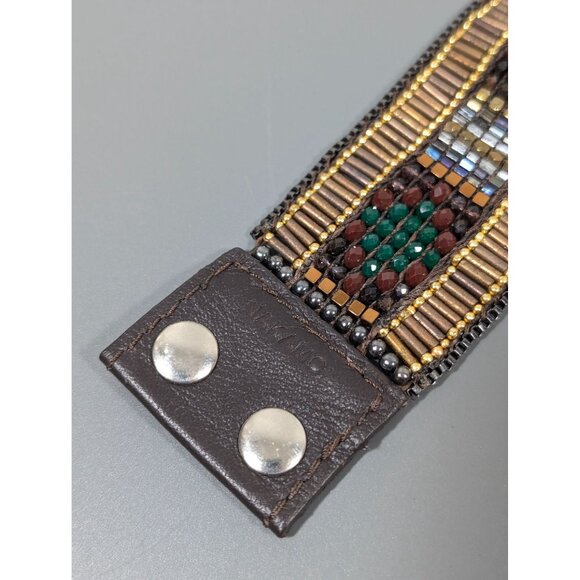 Nakamol Red Green Bead Brown Leather Snap Cuff Wide Bracelet 6.5" - Picture 3 of 9